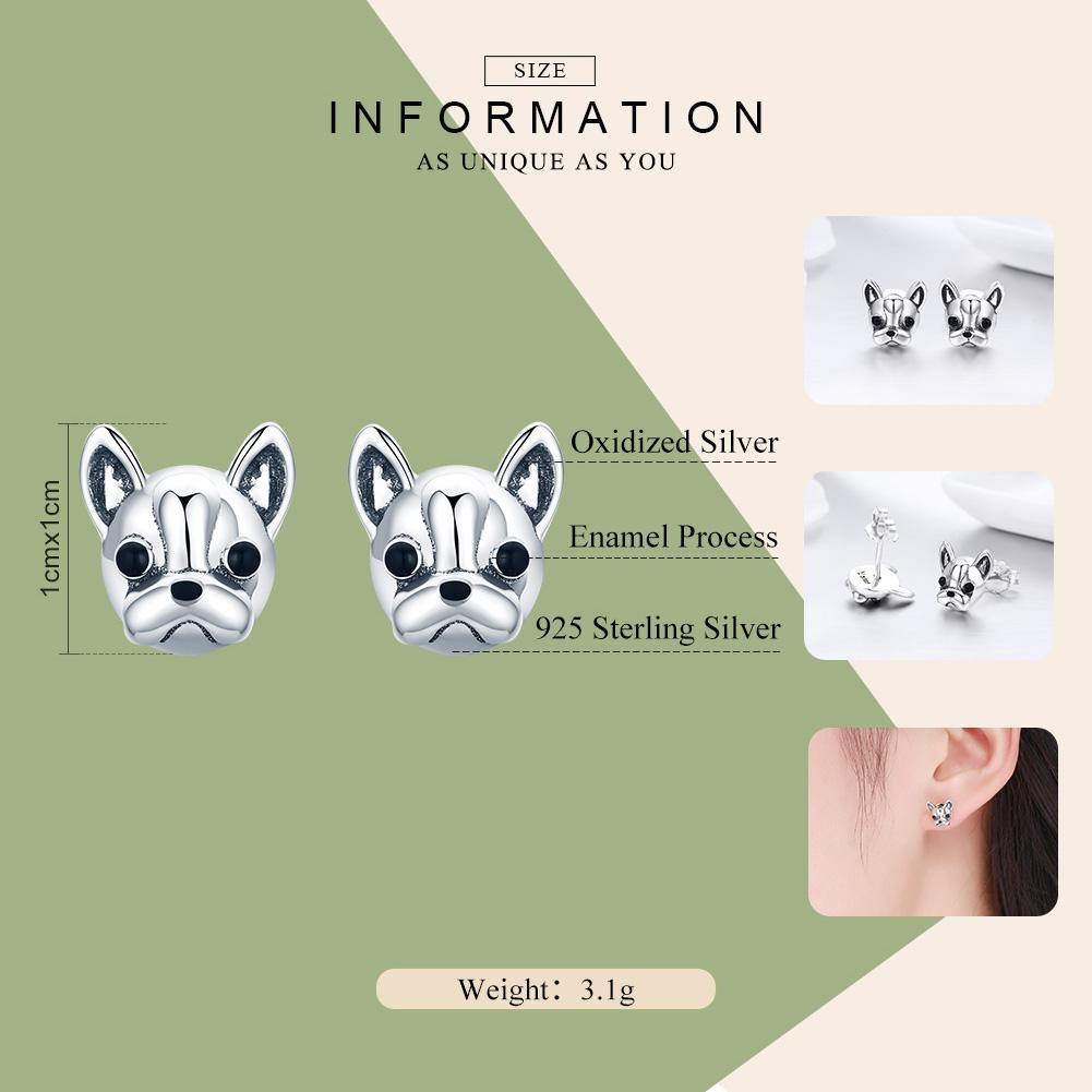 100% 925 Sterling Silver Loyal Partners French Bulldog Dog Animal Small Stud Earrings for Women Oorbellen Jewelry SCE283