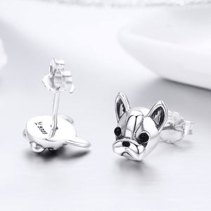 100% 925 Sterling Silver Loyal Partners French Bulldog Dog Animal Small Stud Earrings for Women Oorbellen Jewelry SCE283
