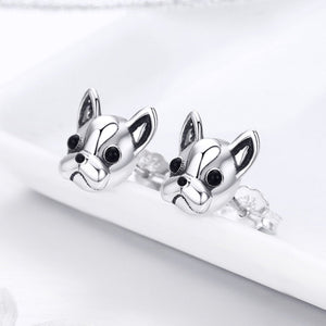 100% 925 Sterling Silver Loyal Partners French Bulldog Dog Animal Small Stud Earrings for Women Oorbellen Jewelry SCE283