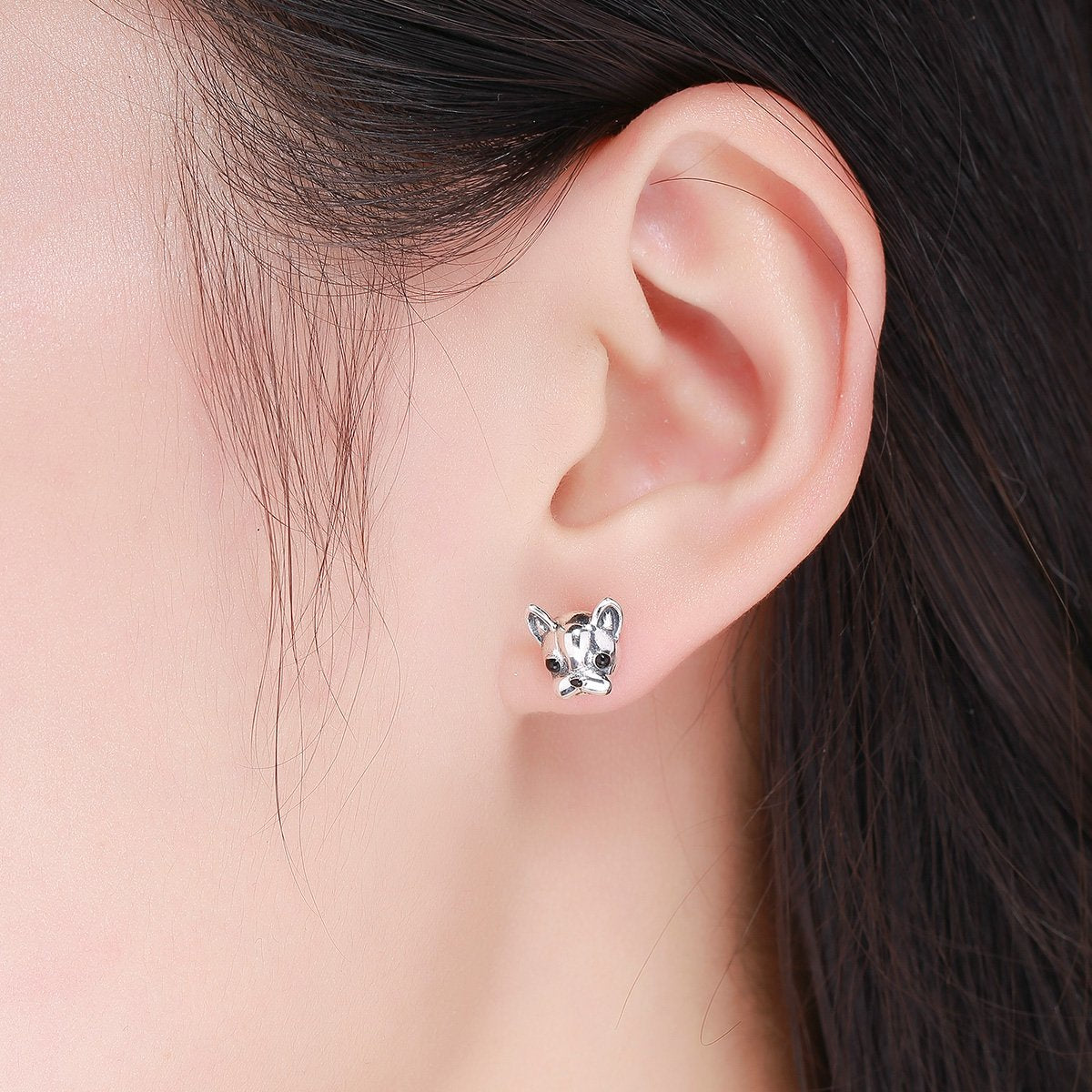 100% 925 Sterling Silver Loyal Partners French Bulldog Dog Animal Small Stud Earrings for Women Oorbellen Jewelry SCE283
