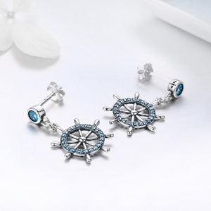 Real 100% 925 Sterling Silver Sailing Dream Blue CZ Anchor Drop Earrings for Women Fashion Silver Jewelry S925 SCE310