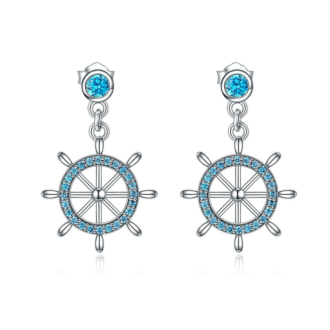 Real 100% 925 Sterling Silver Sailing Dream Blue CZ Anchor Drop Earrings for Women Fashion Silver Jewelry S925 SCE310