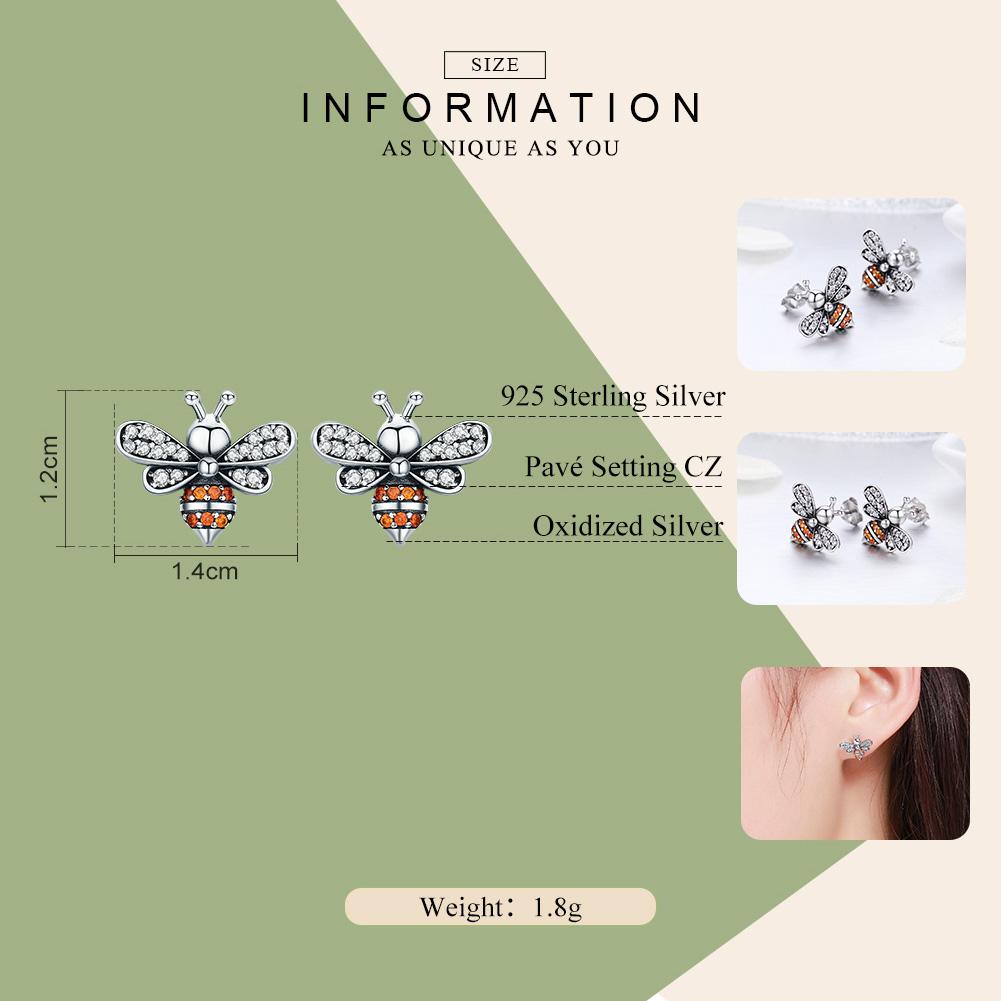 100% 925 Sterling Silver Bee Story Clear CZ Exquisite Stud Earrings for Women Fashion Silver Jewelry SCE344