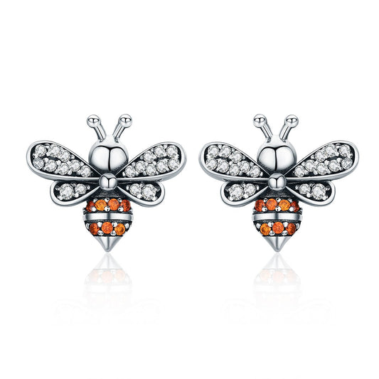 100% 925 Sterling Silver Bee Story Clear CZ Exquisite Stud Earrings for Women Fashion Silver Jewelry SCE344