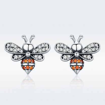 100% 925 Sterling Silver Bee Story Clear CZ Exquisite Stud Earrings for Women Fashion Silver Jewelry SCE344