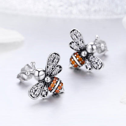 100% 925 Sterling Silver Bee Story Clear CZ Exquisite Stud Earrings for Women Fashion Silver Jewelry SCE344