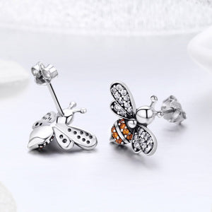 100% 925 Sterling Silver Bee Story Clear CZ Exquisite Stud Earrings for Women Fashion Silver Jewelry SCE344