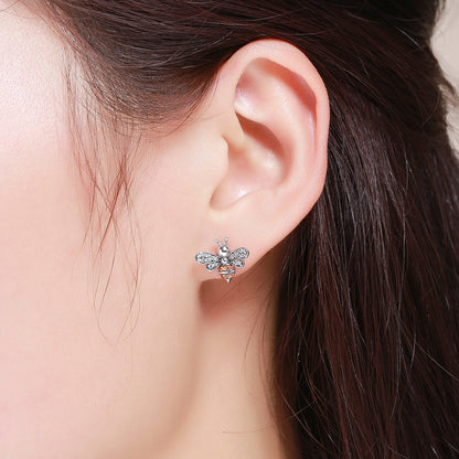 100% 925 Sterling Silver Bee Story Clear CZ Exquisite Stud Earrings for Women Fashion Silver Jewelry SCE344