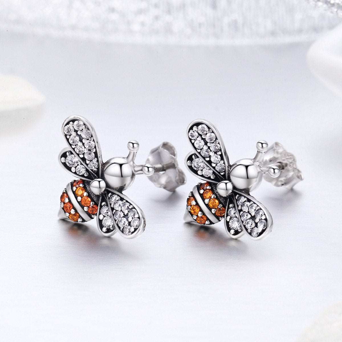 100% 925 Sterling Silver Bee Story Clear CZ Exquisite Stud Earrings for Women Fashion Silver Jewelry SCE344