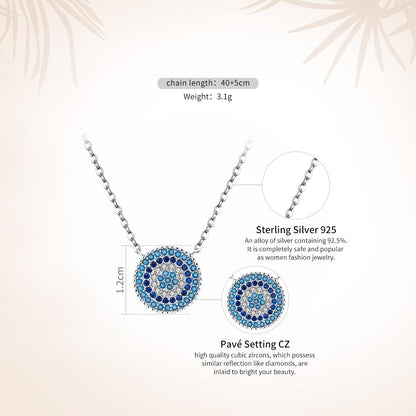 925 Sterling Silver Round Blue Crystal Lucky Blue Eyes Women Pendant Necklaces Fine Jewelry SCN099