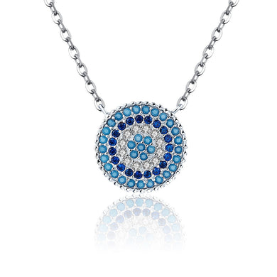 925 Sterling Silver Round Blue Crystal Lucky Blue Eyes Women Pendant Necklaces Fine Jewelry SCN099