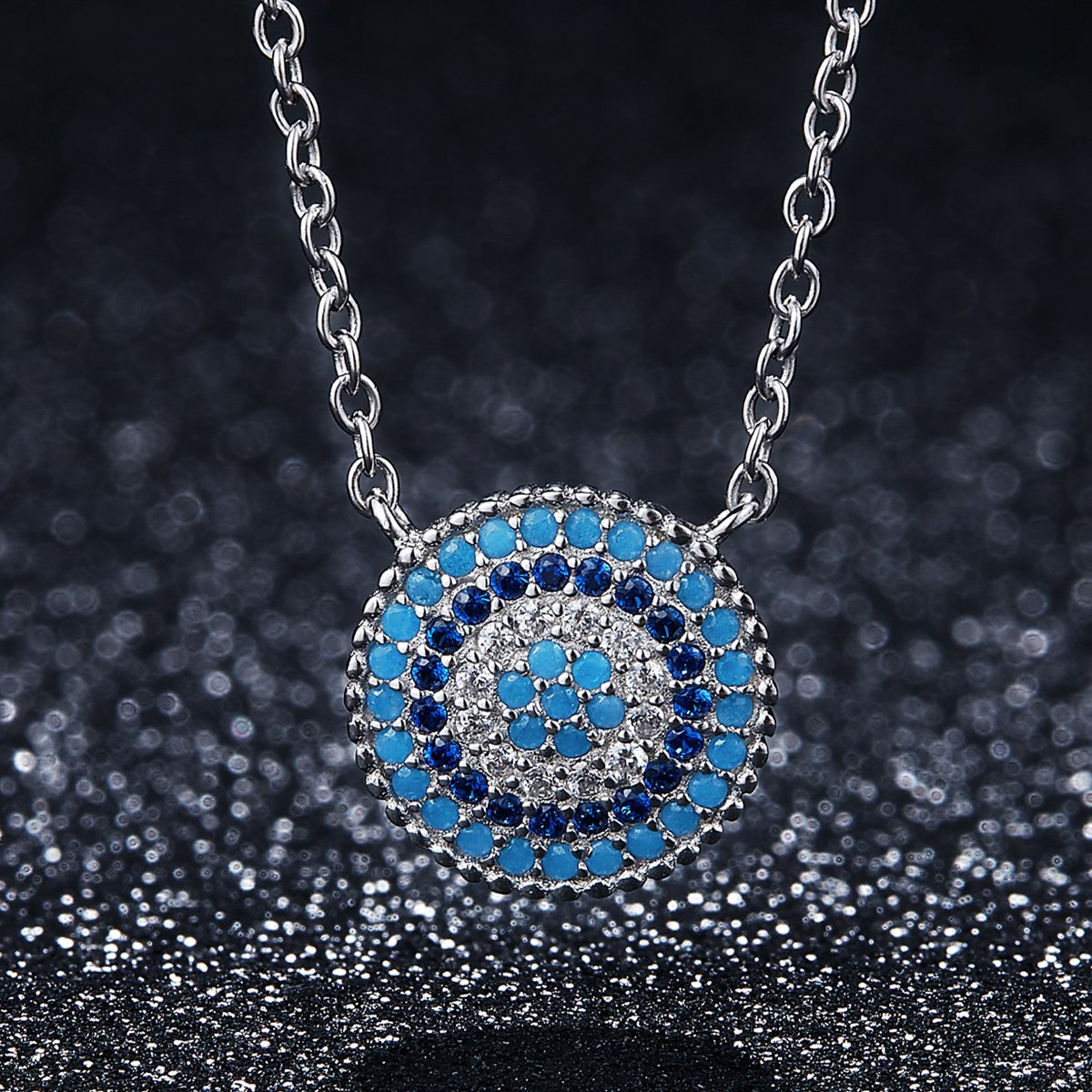 925 Sterling Silver Round Blue Crystal Lucky Blue Eyes Women Pendant Necklaces Fine Jewelry SCN099