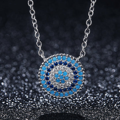 925 Sterling Silver Round Blue Crystal Lucky Blue Eyes Women Pendant Necklaces Fine Jewelry SCN099