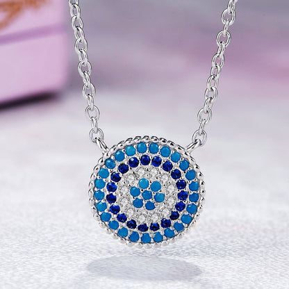 925 Sterling Silver Round Blue Crystal Lucky Blue Eyes Women Pendant Necklaces Fine Jewelry SCN099