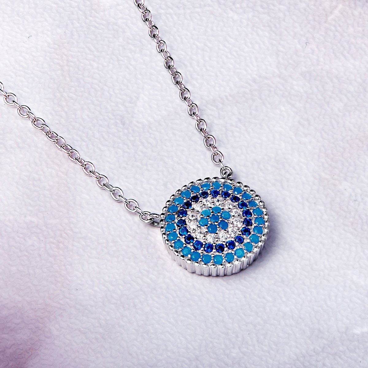 925 Sterling Silver Round Blue Crystal Lucky Blue Eyes Women Pendant Necklaces Fine Jewelry SCN099
