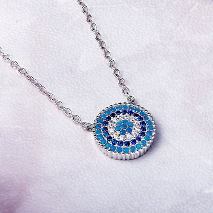 925 Sterling Silver Round Blue Crystal Lucky Blue Eyes Women Pendant Necklaces Fine Jewelry SCN099