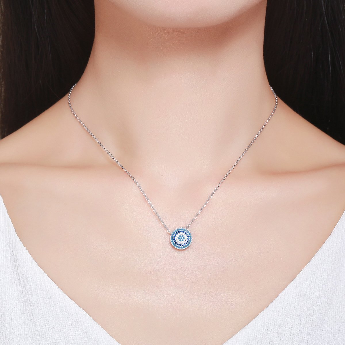 925 Sterling Silver Round Blue Crystal Lucky Blue Eyes Women Pendant Necklaces Fine Jewelry SCN099