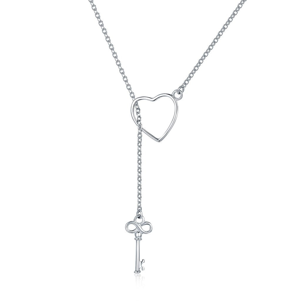 925 Sterling Silver Key of Heart Lock Link Necklace 50cm