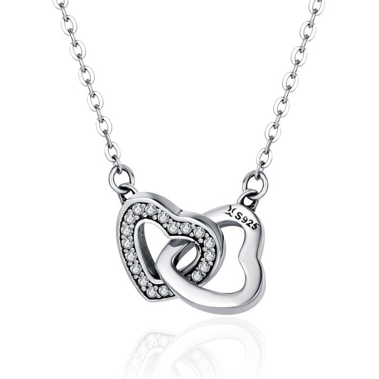 Valentine Day Gift 925 Sterling Silver Connected Heart Couple Heart Pendant Necklace for Girlfriend Silver Jewelry SCN181