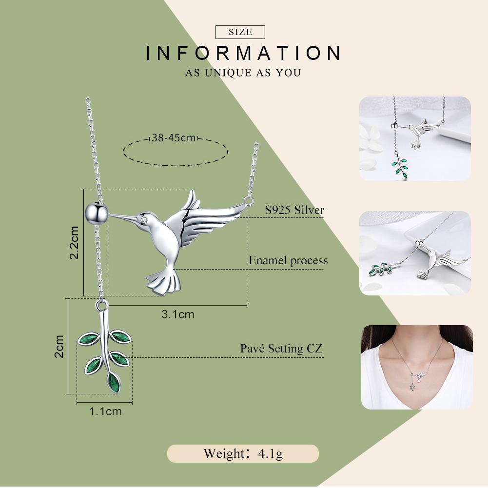 925 Sterling Silver Spring Bird & Tree Leaf Leaves Dangle Pendant Necklace for Women Silver Jewelry SCN217
