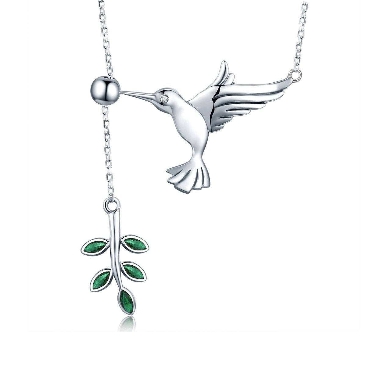 925 Sterling Silver Spring Bird & Tree Leaf Leaves Dangle Pendant Necklace for Women Silver Jewelry SCN217