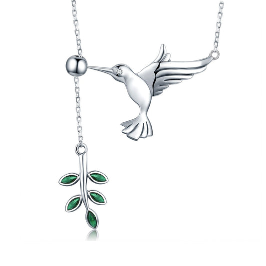 925 Sterling Silver Spring Bird & Tree Leaf Leaves Dangle Pendant Necklace for Women Silver Jewelry SCN217