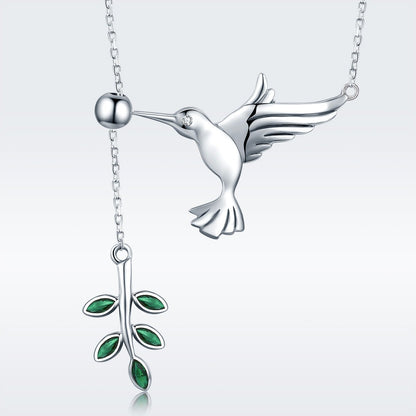 925 Sterling Silver Spring Bird & Tree Leaf Leaves Dangle Pendant Necklace for Women Silver Jewelry SCN217