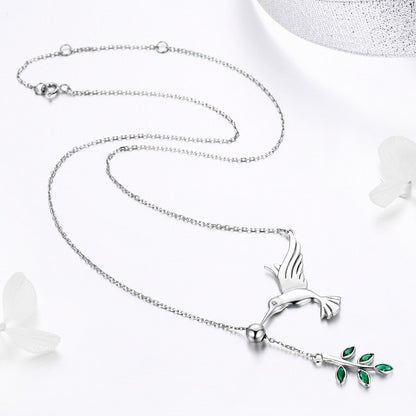925 Sterling Silver Spring Bird & Tree Leaf Leaves Dangle Pendant Necklace for Women Silver Jewelry SCN217