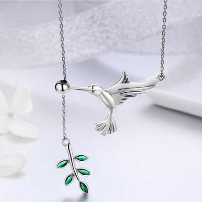925 Sterling Silver Spring Bird & Tree Leaf Leaves Dangle Pendant Necklace for Women Silver Jewelry SCN217