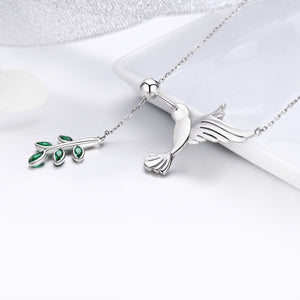 925 Sterling Silver Spring Bird & Tree Leaf Leaves Dangle Pendant Necklace for Women Silver Jewelry SCN217
