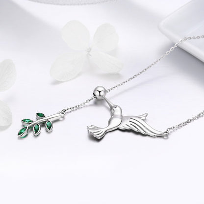 925 Sterling Silver Spring Bird & Tree Leaf Leaves Dangle Pendant Necklace for Women Silver Jewelry SCN217