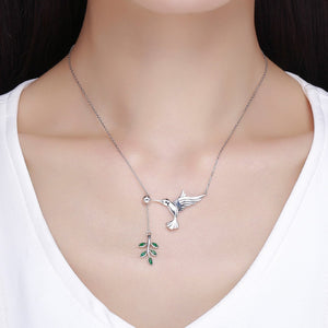 925 Sterling Silver Spring Bird & Tree Leaf Leaves Dangle Pendant Necklace for Women Silver Jewelry SCN217