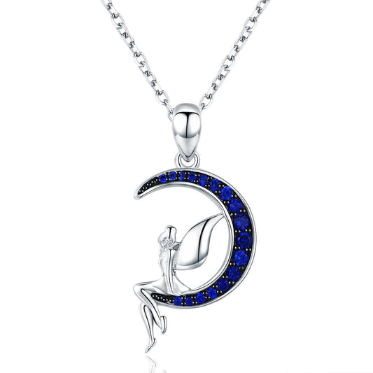 Hot Sale 100% 925 Sterling Silver Lucky Fairy in Blue Moon Pendant Necklaces Women Sterling Silver Jewelry Gift SCN244