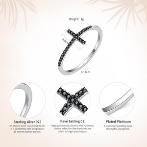 925 Sterling Silver Faith Cross Finger Rings for Women Black Cubic Zircon Fine Jewelry Gift SCR067