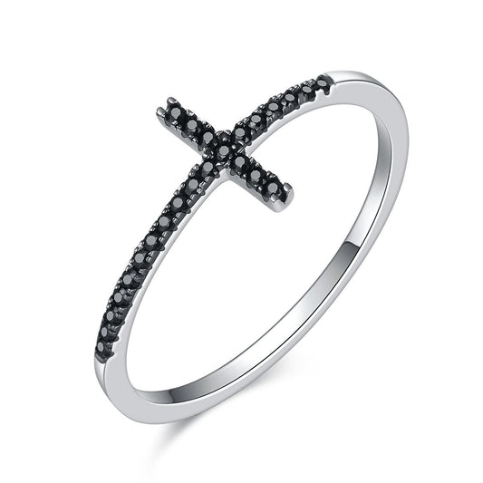 925 Sterling Silver Faith Cross Finger Rings for Women Black Cubic Zircon Fine Jewelry Gift SCR067