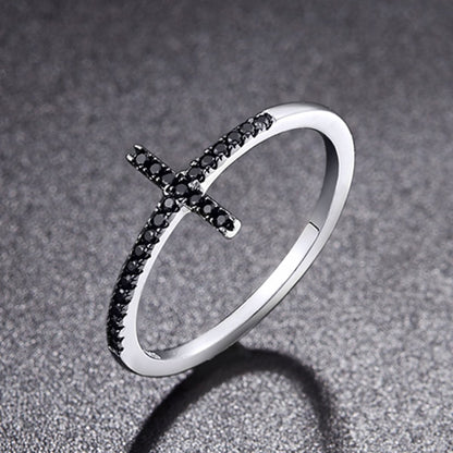 925 Sterling Silver Faith Cross Finger Rings for Women Black Cubic Zircon Fine Jewelry Gift SCR067