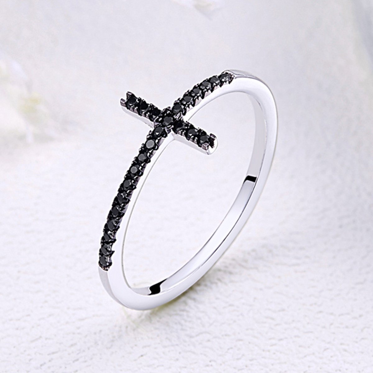 925 Sterling Silver Faith Cross Finger Rings for Women Black Cubic Zircon Fine Jewelry Gift SCR067