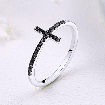925 Sterling Silver Faith Cross Finger Rings for Women Black Cubic Zircon Fine Jewelry Gift SCR067