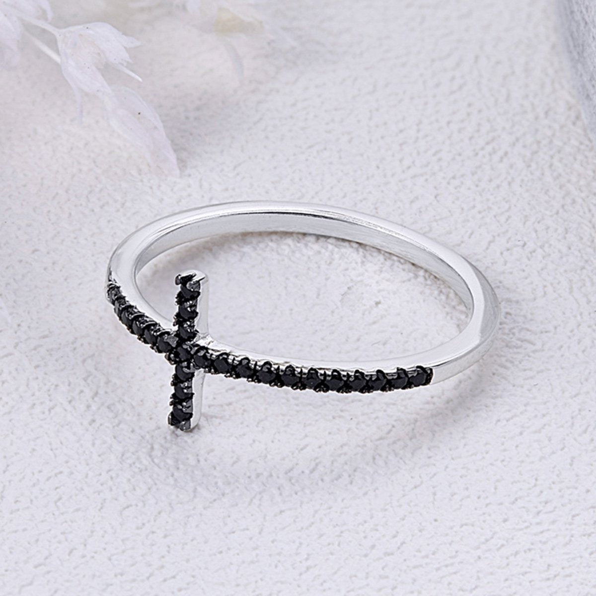 925 Sterling Silver Faith Cross Finger Rings for Women Black Cubic Zircon Fine Jewelry Gift SCR067