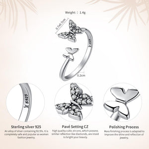 925 Sterling Silver Dazzling Cubic Zircon Butterfly Open Finger Ring for Women Fashion Jewelry Gift SCR087