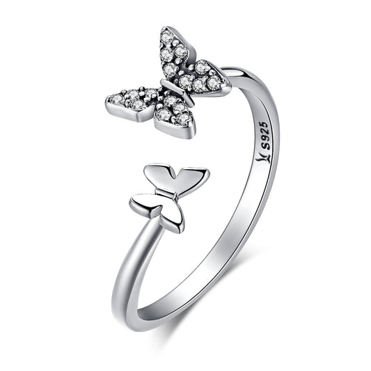 925 Sterling Silver Dazzling Cubic Zircon Butterfly Open Finger Ring for Women Fashion Jewelry Gift SCR087
