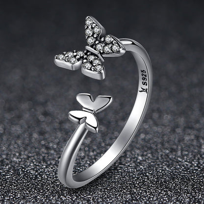 925 Sterling Silver Dazzling Cubic Zircon Butterfly Open Finger Ring for Women Fashion Jewelry Gift SCR087