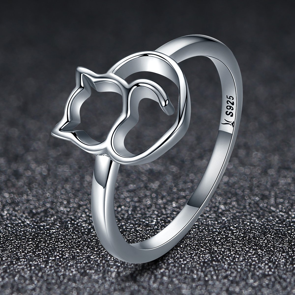 925 Sterling Silver Naughty Little Cat & Heart Finger Ring for Women Sterling Silver Jewelry Gift SCR104
