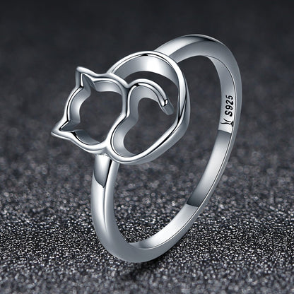 925 Sterling Silver Naughty Little Cat & Heart Finger Ring for Women Sterling Silver Jewelry Gift SCR104