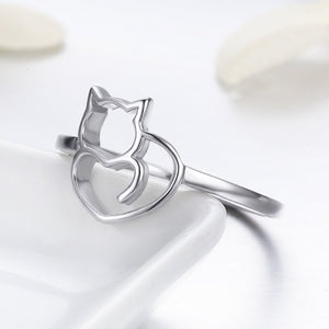 925 Sterling Silver Naughty Little Cat & Heart Finger Ring for Women Sterling Silver Jewelry Gift SCR104