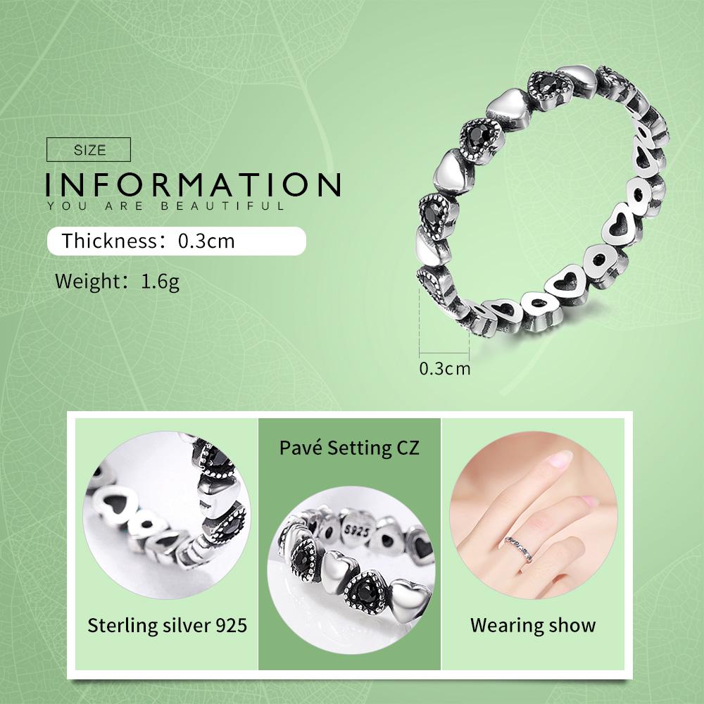 925 Sterling Silver Stackable Ring Heart Black CZ Finger Rings for Women Wedding Anniversary Jewelry Anel SCR140