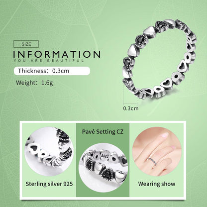 925 Sterling Silver Stackable Ring Heart Black CZ Finger Rings for Women Wedding Anniversary Jewelry Anel SCR140
