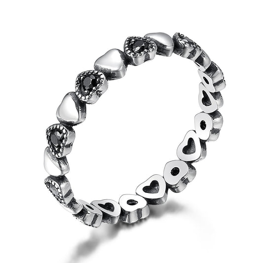 925 Sterling Silver Stackable Ring Heart Black CZ Finger Rings for Women Wedding Anniversary Jewelry Anel SCR140