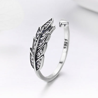 Hot Sale Authentic 925 Sterling Silver Feather Wings Adjustable Finger Ring for Women Sterling Silver Jewelry Gift SCR313