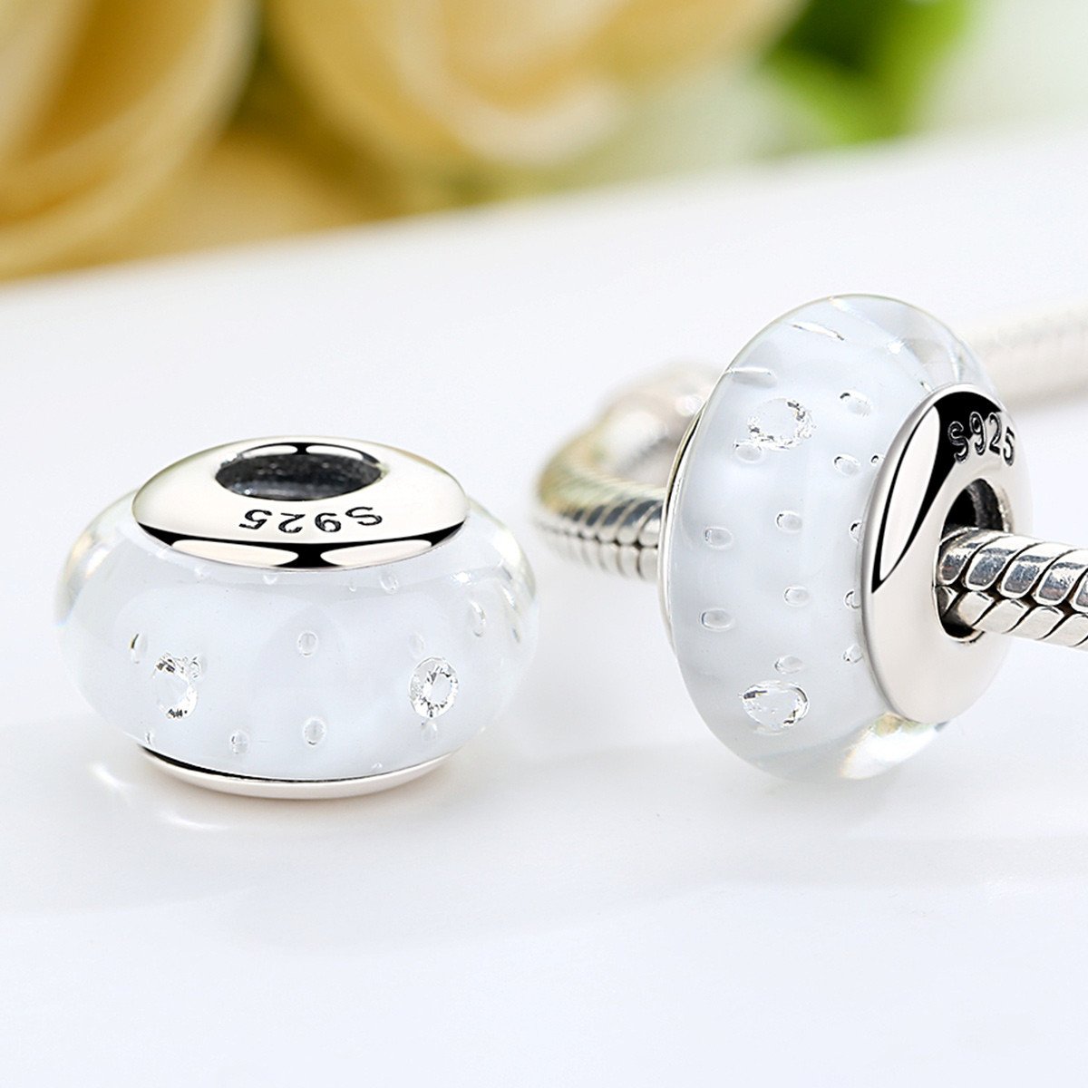 925 Sterling Silver White Transparent Murano European Glass Beads Fit Bracelets Jewelry Makings SCZ002